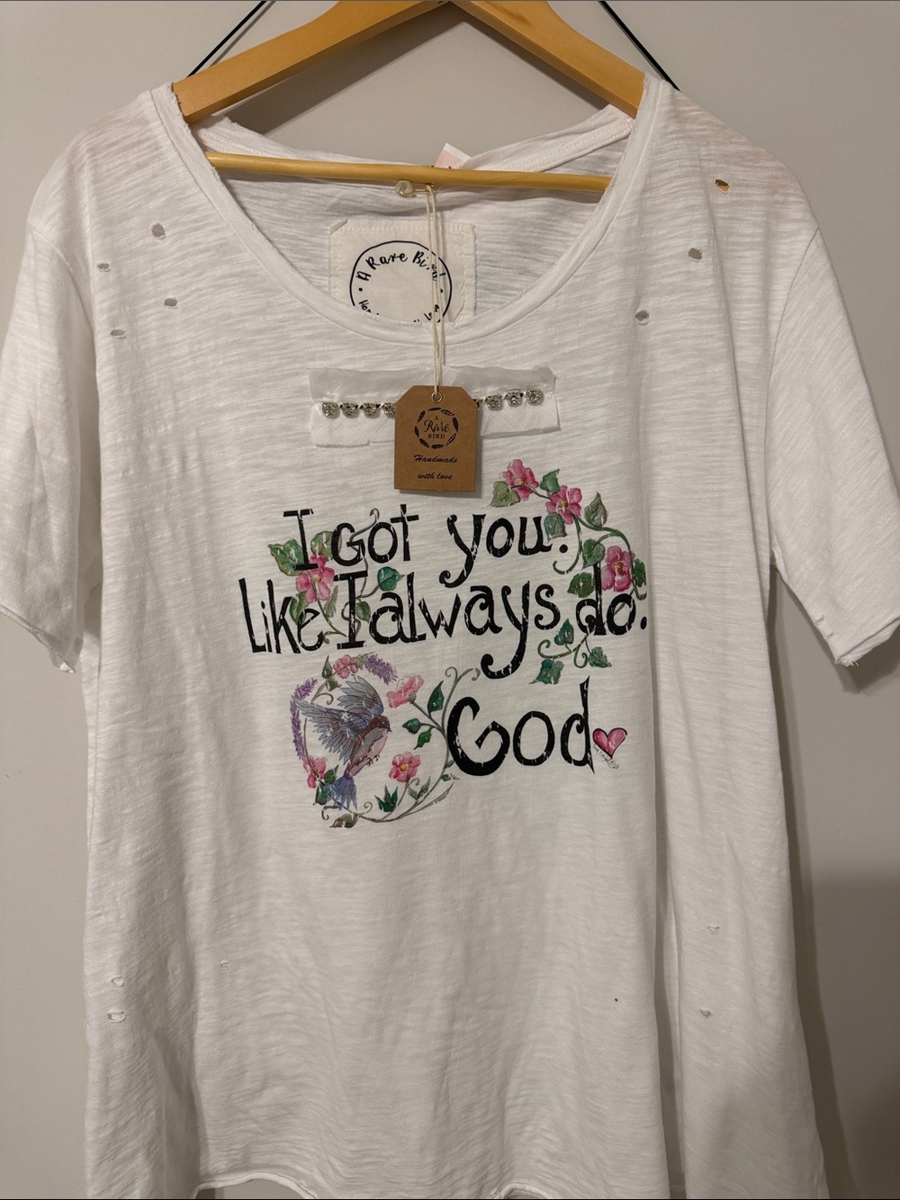 Rare Bird White Graphic Short Sleeve Tee with Floral Heart Design